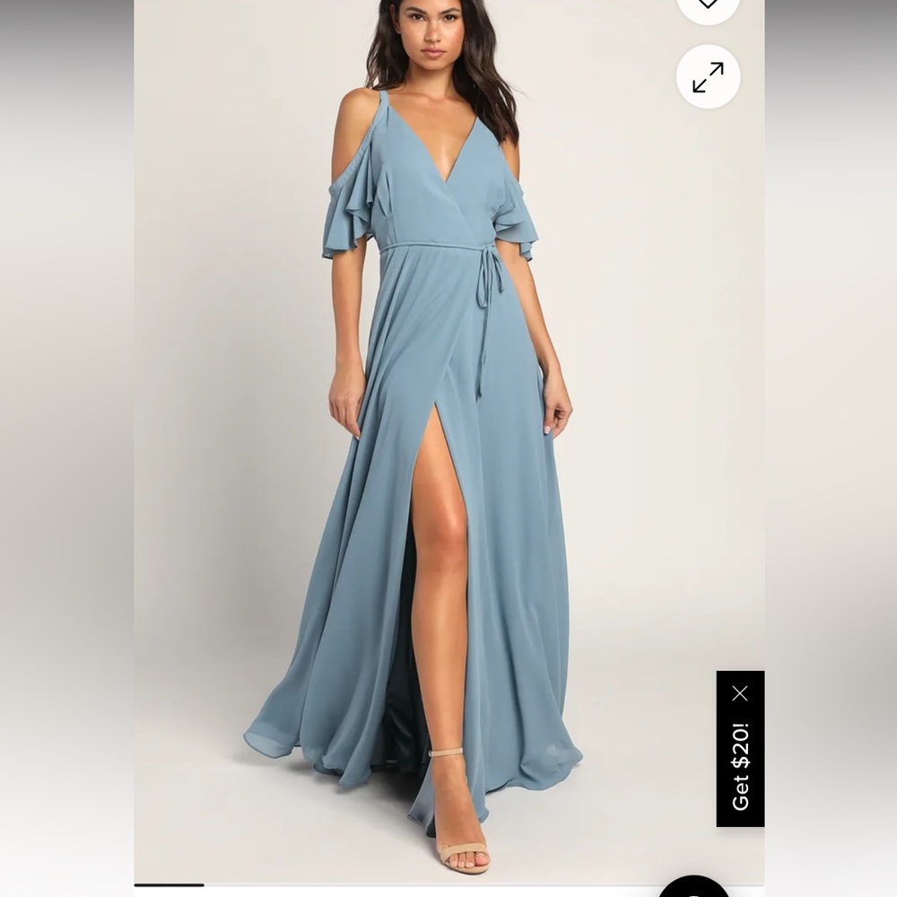 Lulus Easy Listening Slate Blue Cold-Shoulder Wrap Maxi Dress